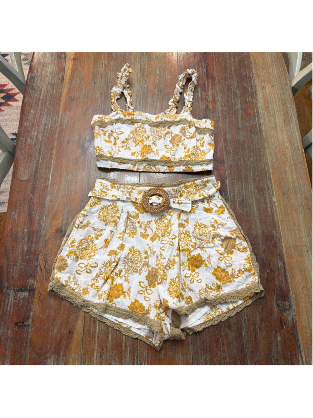 RAHI Floral Crop Top & Belted Shorts 2 Piece Set Yellow White Crochet Trim L